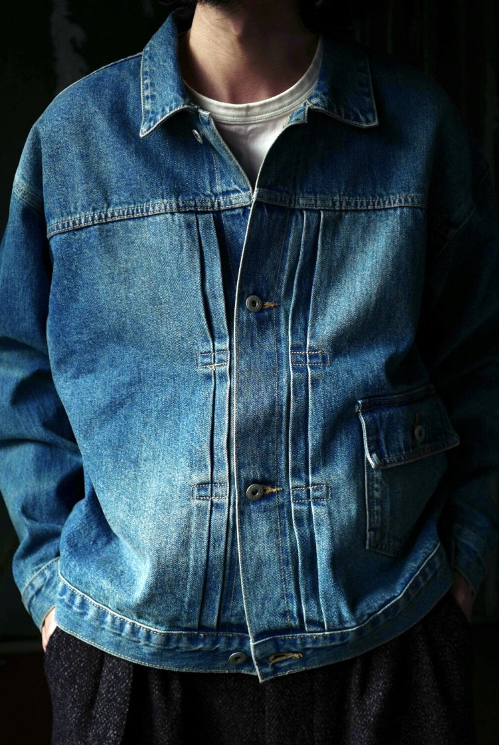 USAGE Type I Selvedge Denim Cropped Jacket in Denim - On Male Model
