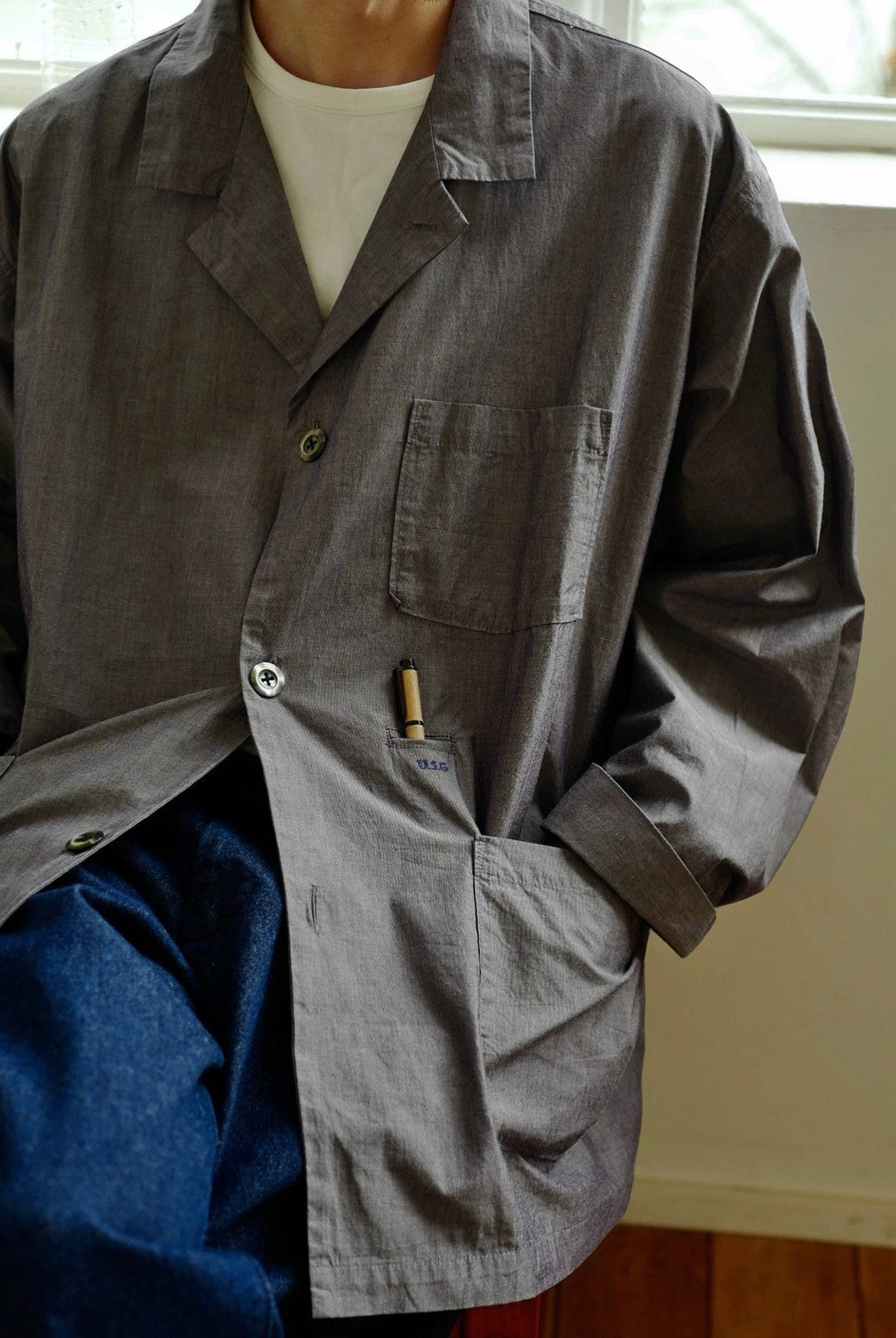 USAGE Cotton Workwear Shirt Jacket in Gray - On Male Model