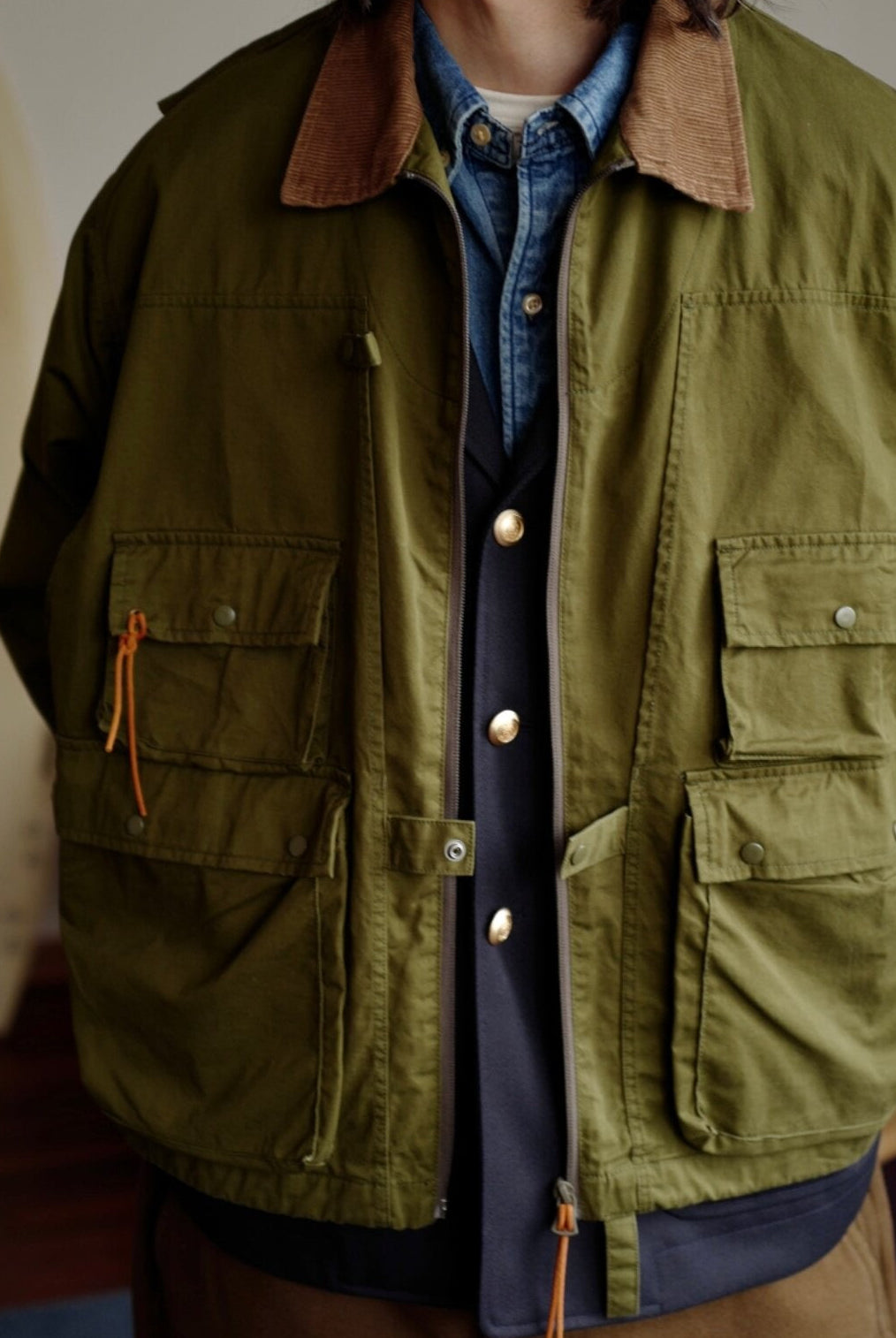 USAGE Corduroy Collar Cotton Fishing Jacket in Olive - On Male Model