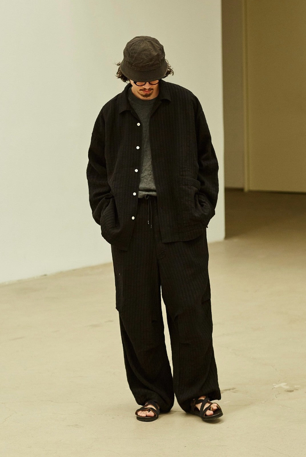 USAGE Textured Cotton Ramie Work Shirt in Black - On Male Model