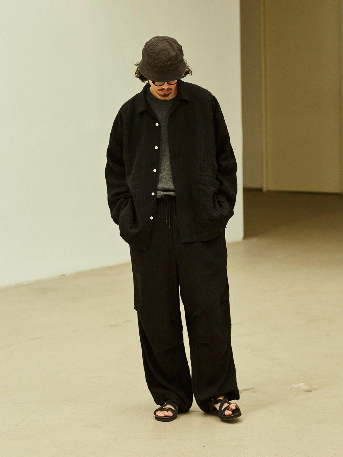 USAGE Textured Cotton Ramie Work Shirt in Black - On Male Model