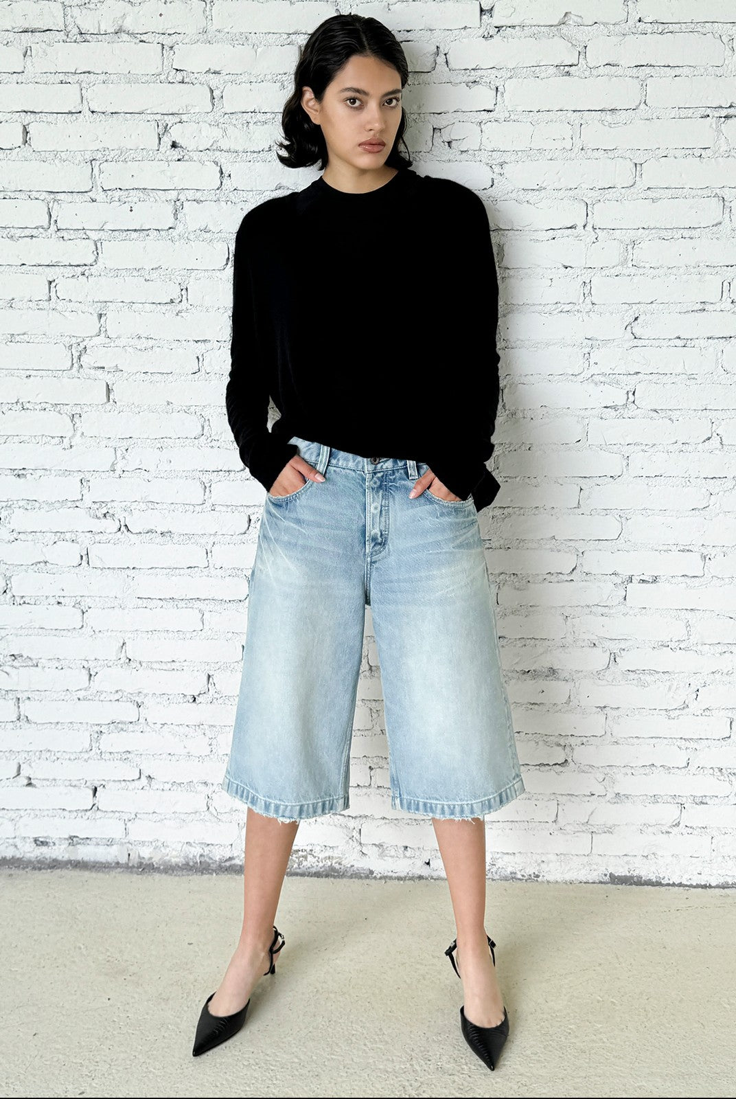 FaxCopyExpress Washed Gardener Denim Shorts in Blue - On Female Model