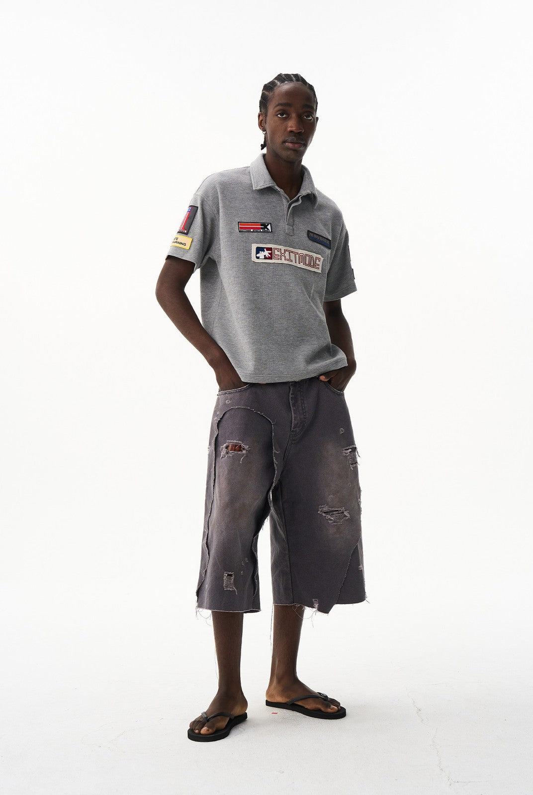 BLINDNOPLAN Waffle Knit Patch Polo Shirt in Gray - On Male Model