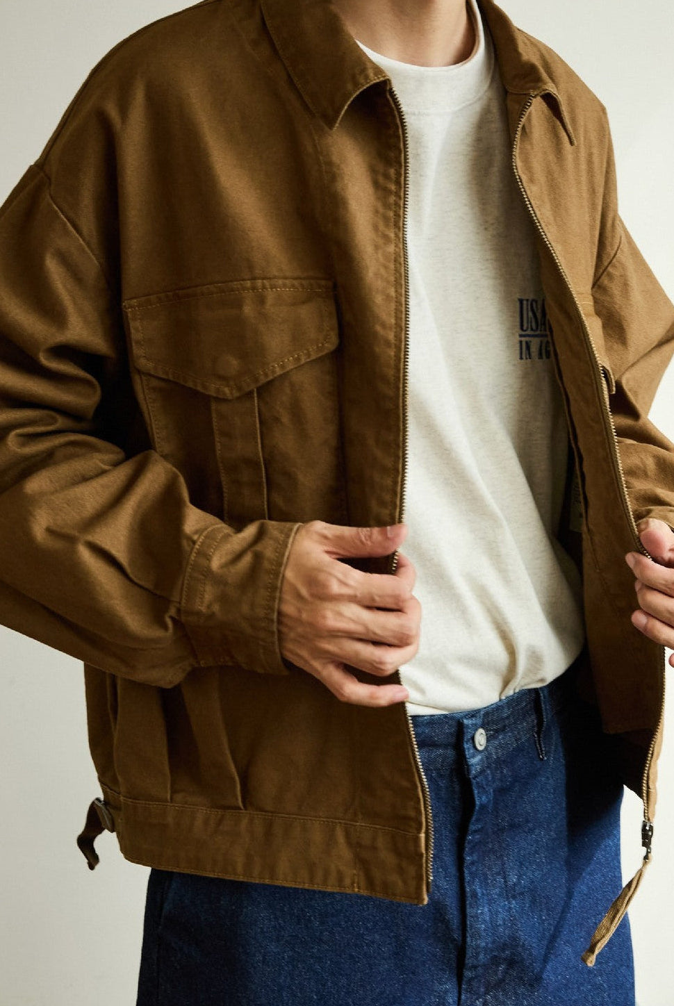 USAGE Heavyweight Canvas Cropped Workwear Jacket in Brown - On Male Model