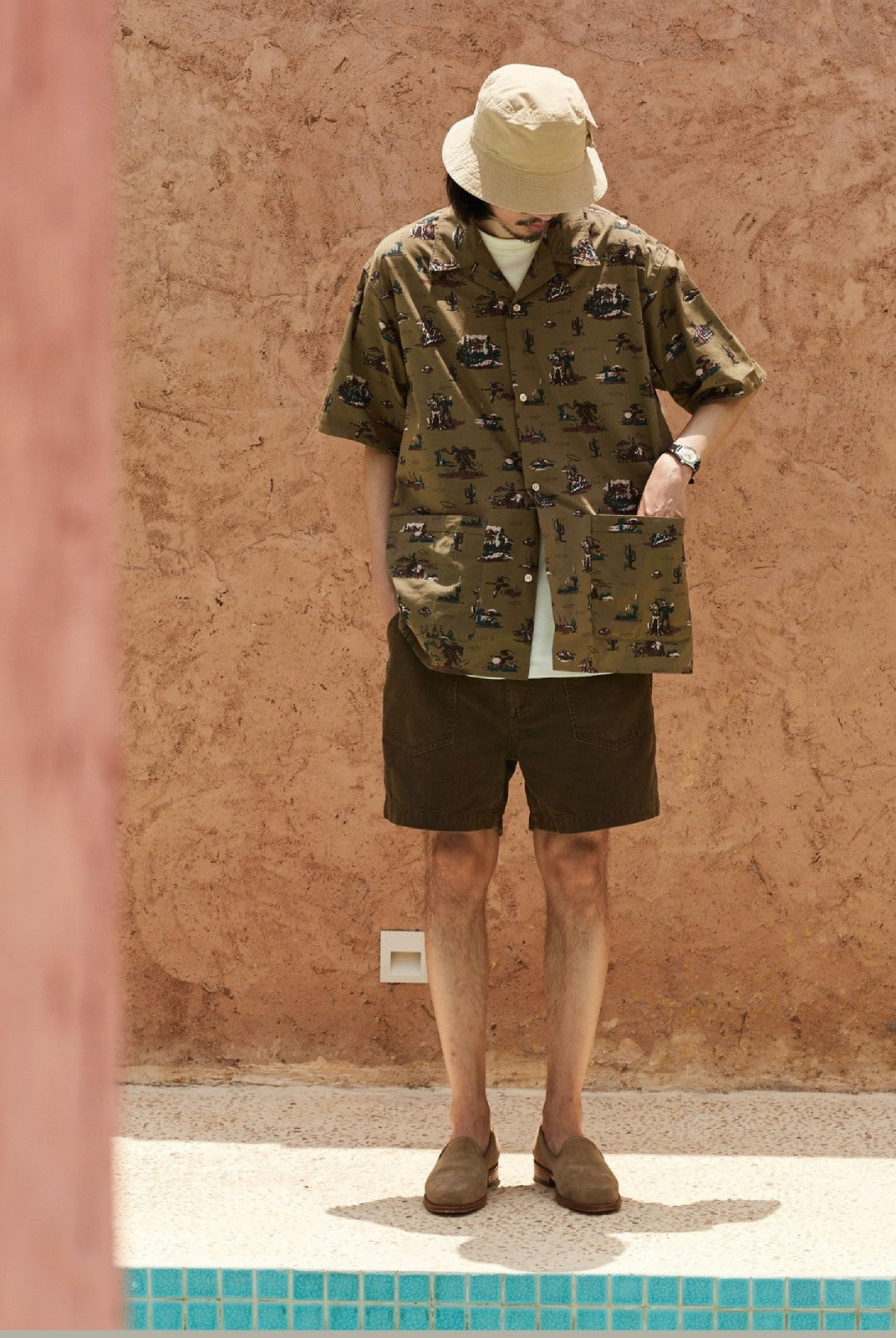 USAGE Cowboy Print Cotton Hawaiian Shirt in Beige - On Male Model