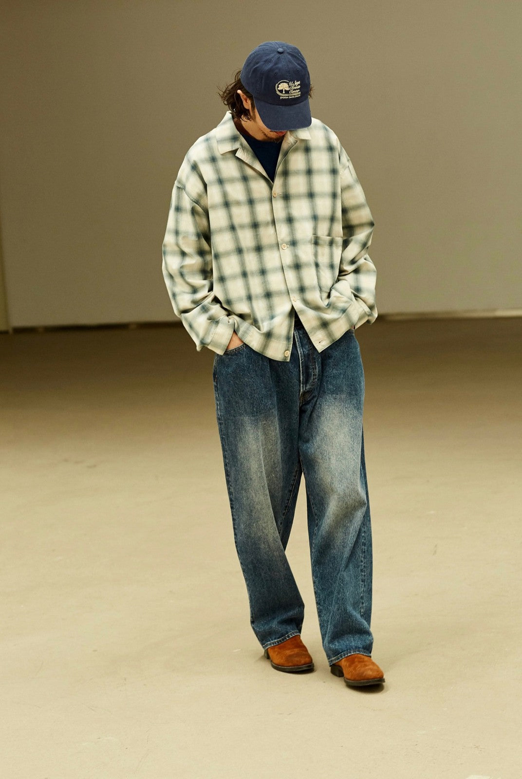 USAGE Gradient Plaid Cotton Blouson in Off-White - On Male Model