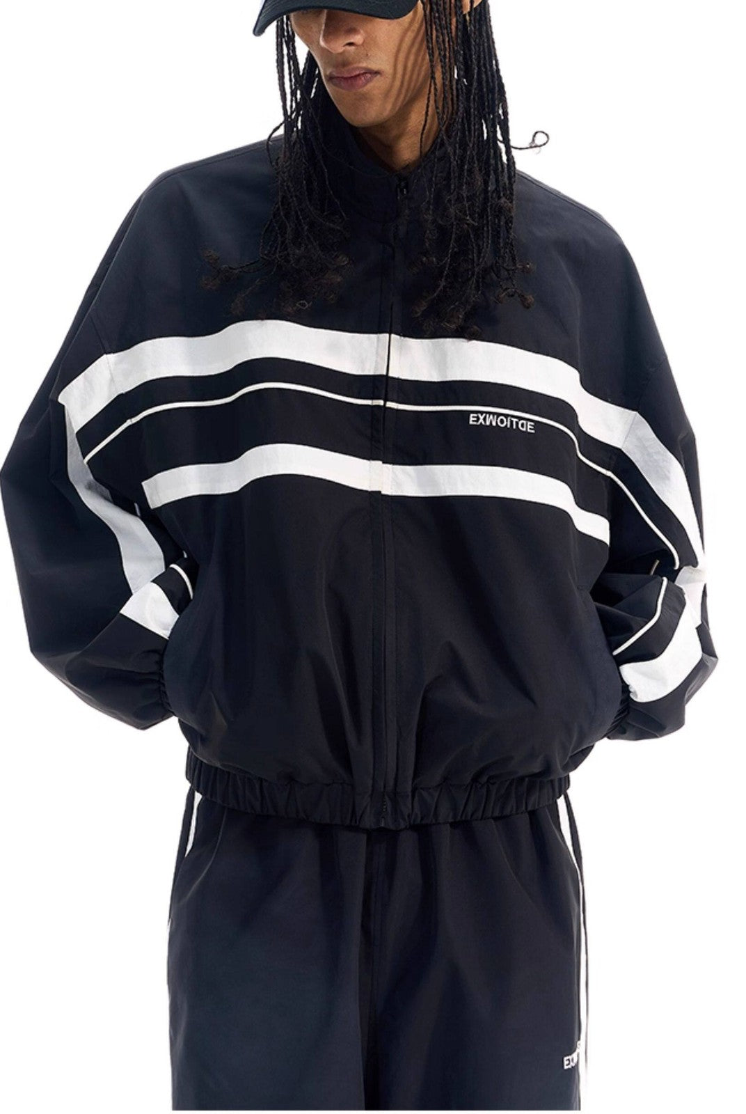BLINDNOPLAN Color Blocked Zip Up Track Jacket in Black - On Male Model