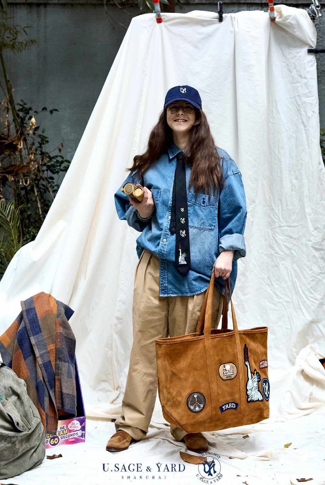 USAGE Washed Distressed Denim Shirt in Denim - On Female Model