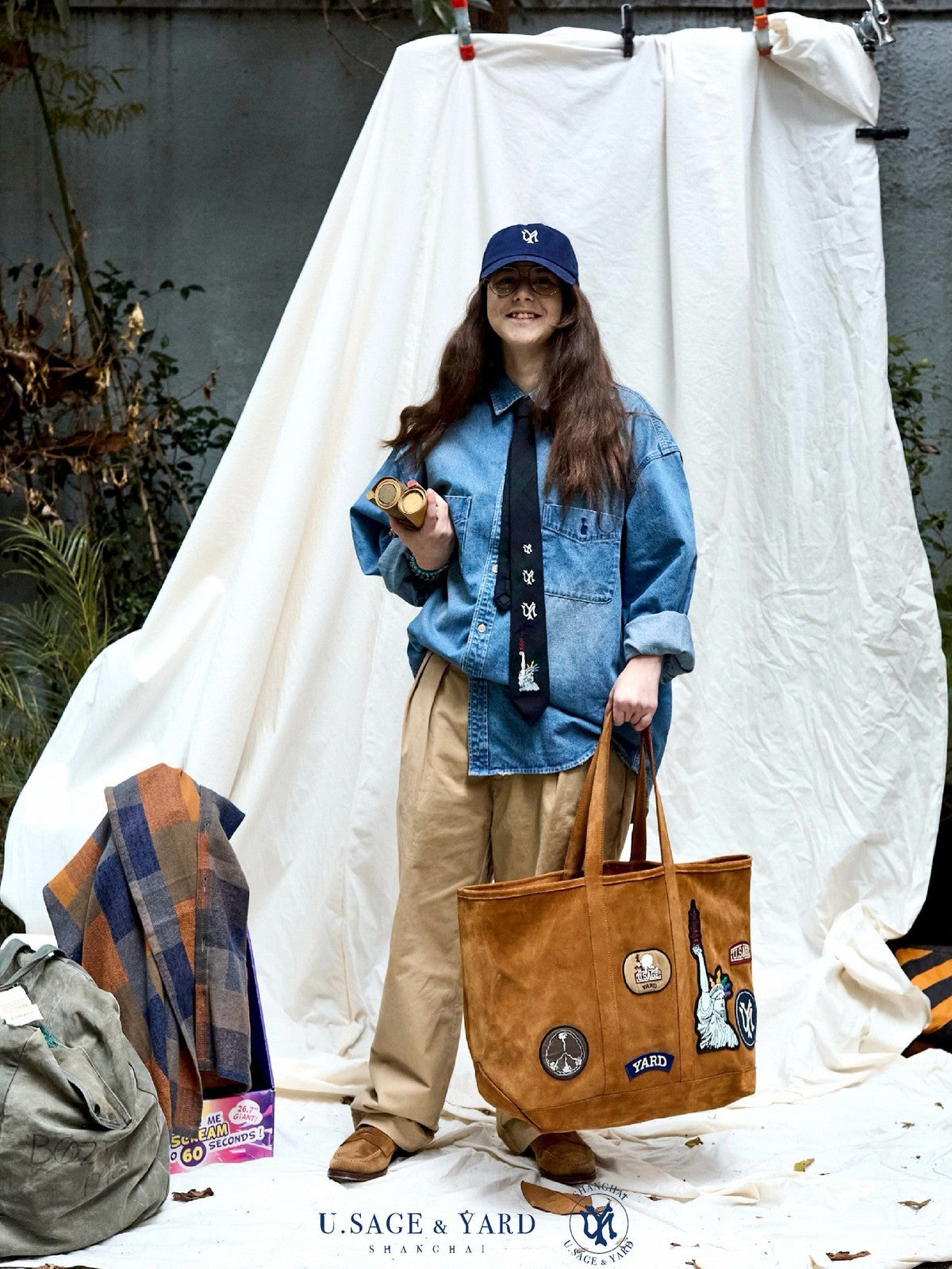 USAGE Washed Distressed Denim Shirt in Denim - On Female Model