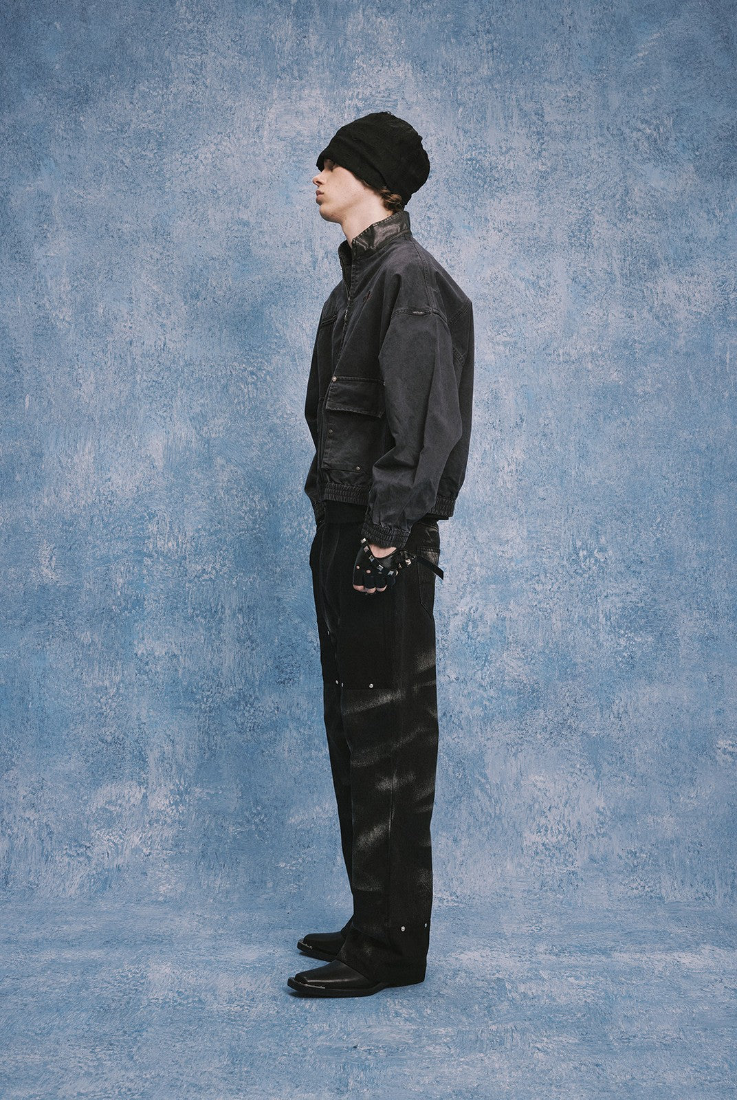 SOD Rivet Panel Micro Flare Jeans in Black - On Male Model