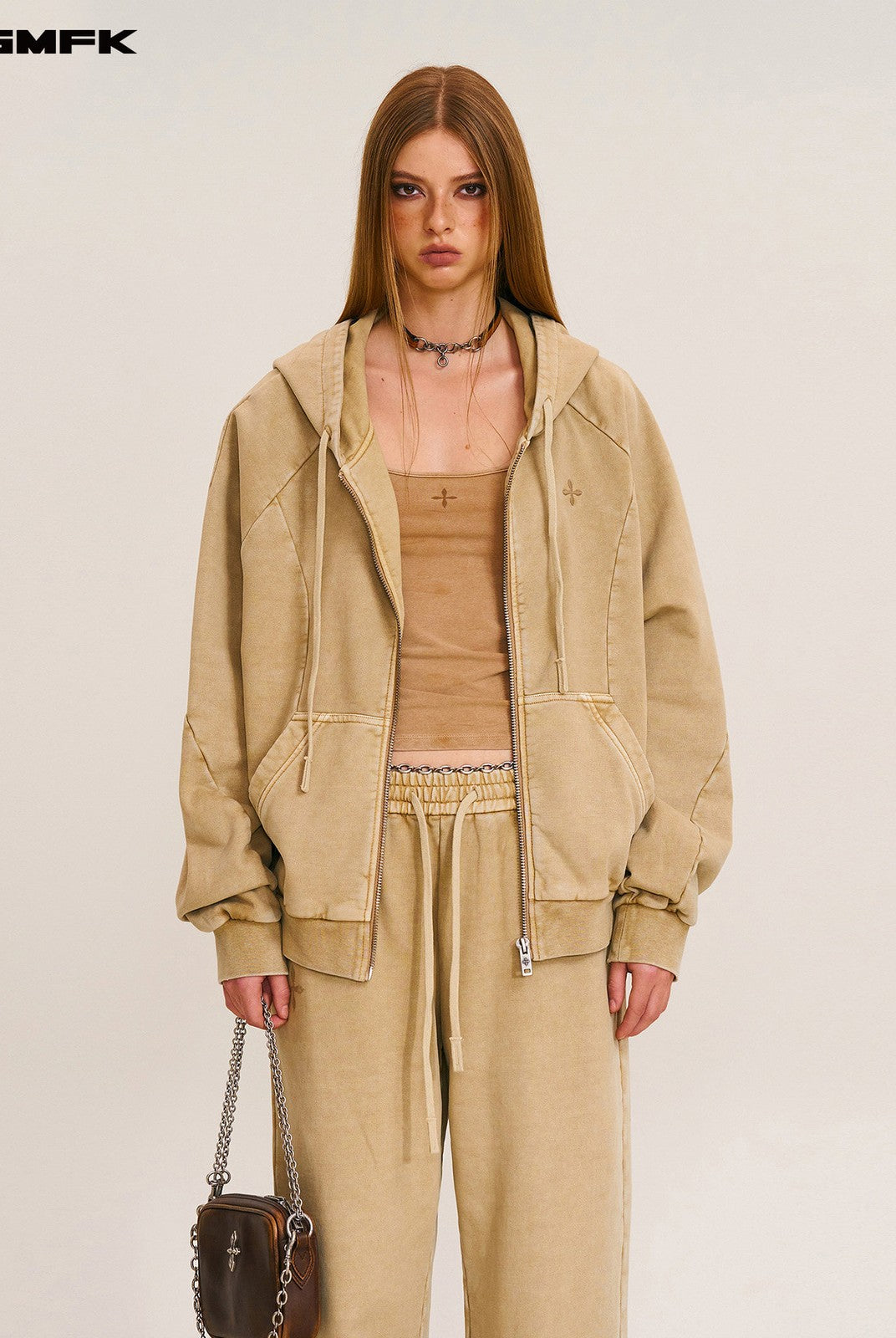 SMFK Distressed Washed Cotton Zip Up Hoodie in Beige - On Female Model