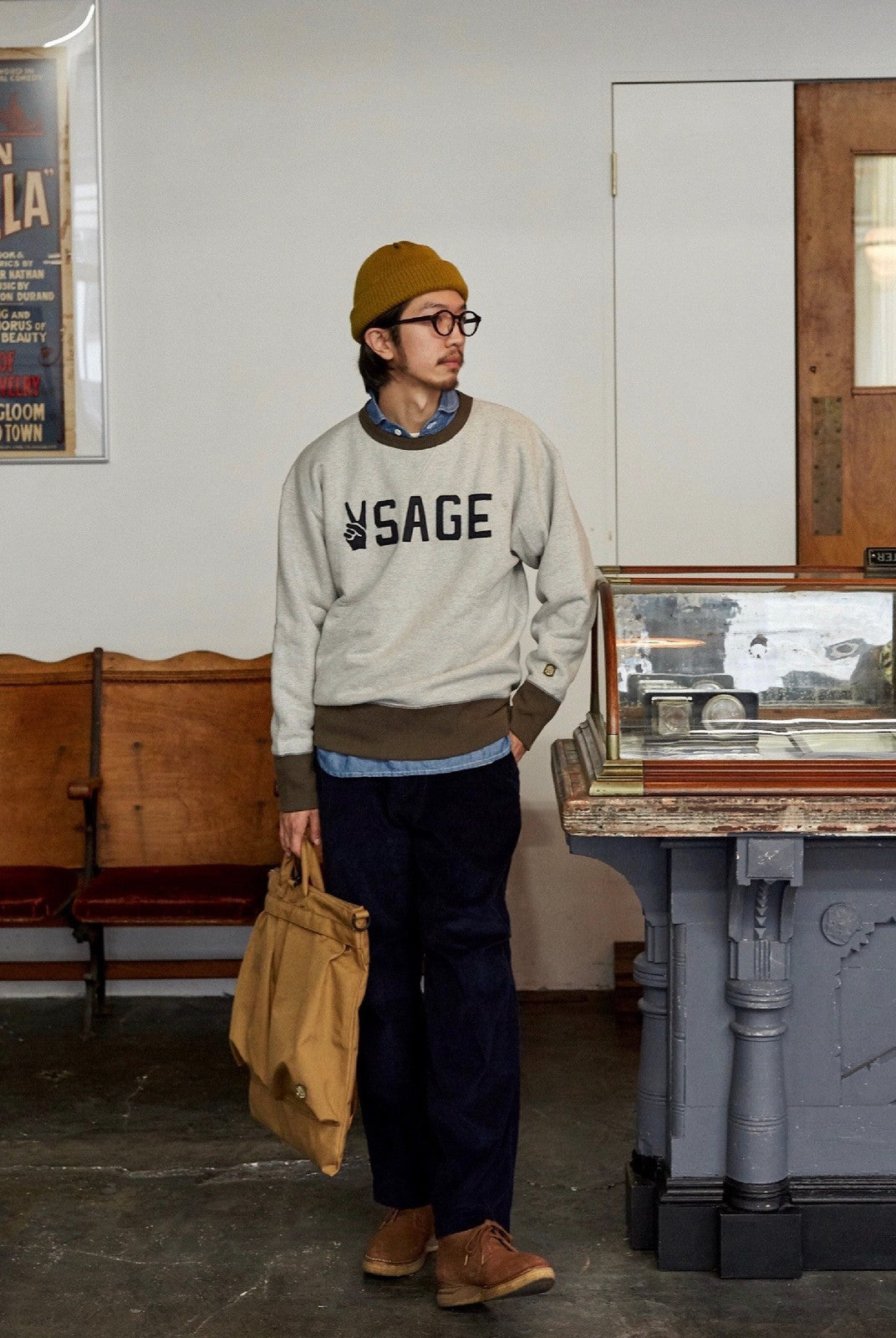 USAGE Graphic Two Tone Cotton Sweatshirt in Gray - On Male Model