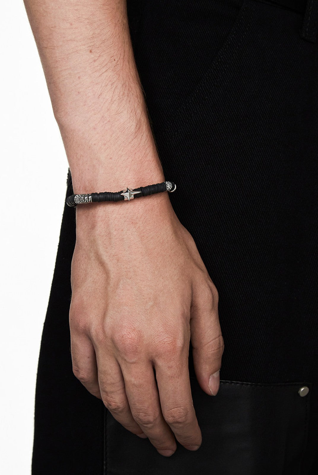BLACKHEAD Star Pendant Chain Bead Bracelet in Black - On Male Model