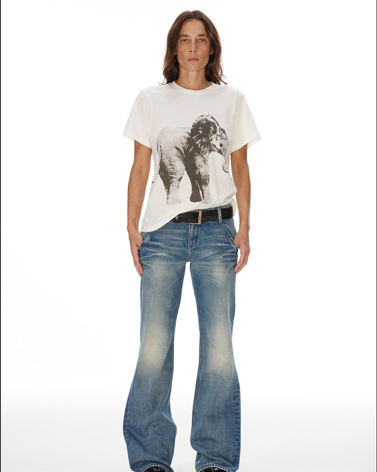 FaxCopyExpress Elephant Print Cotton Modal Tee in White - On Female Model