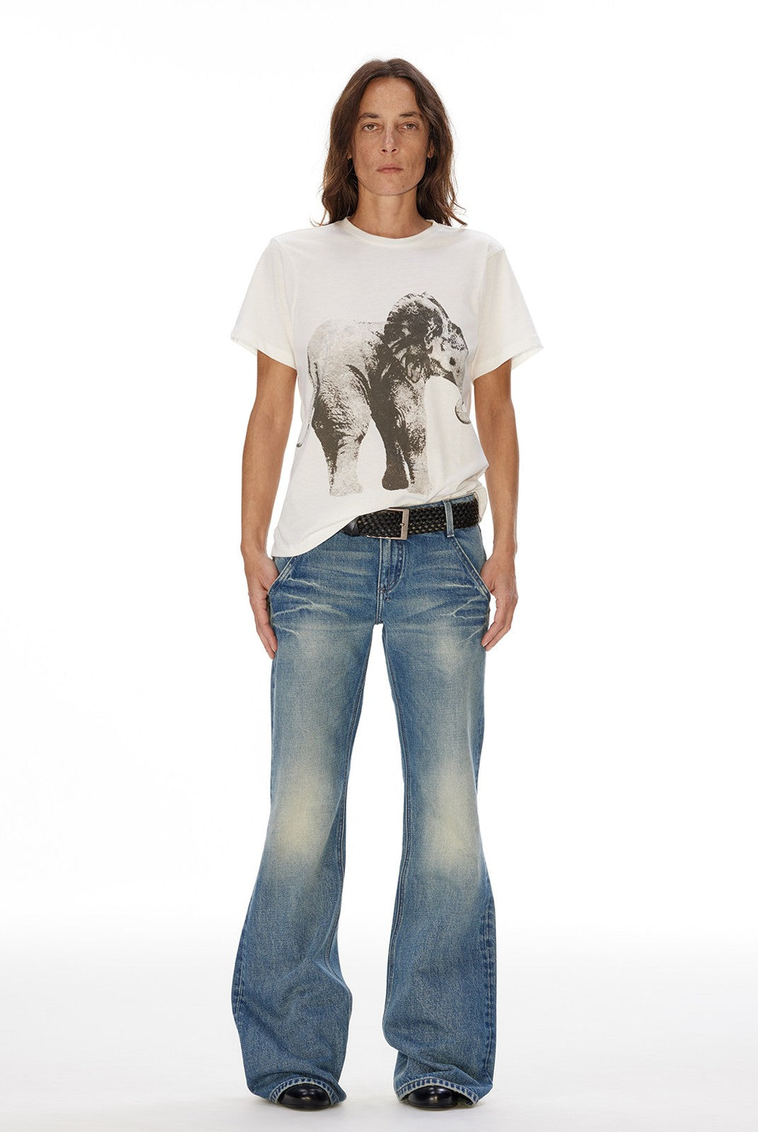 FaxCopyExpress Elephant Print Cotton Modal Tee in White - On Female Model