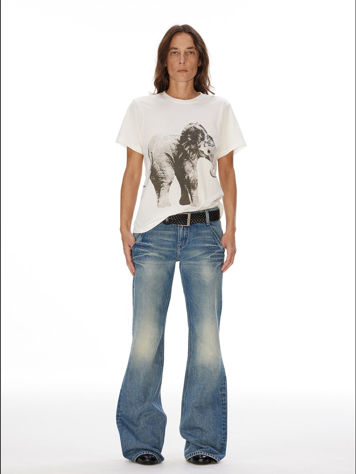 FaxCopyExpress Elephant Print Cotton Modal Tee in White - On Female Model