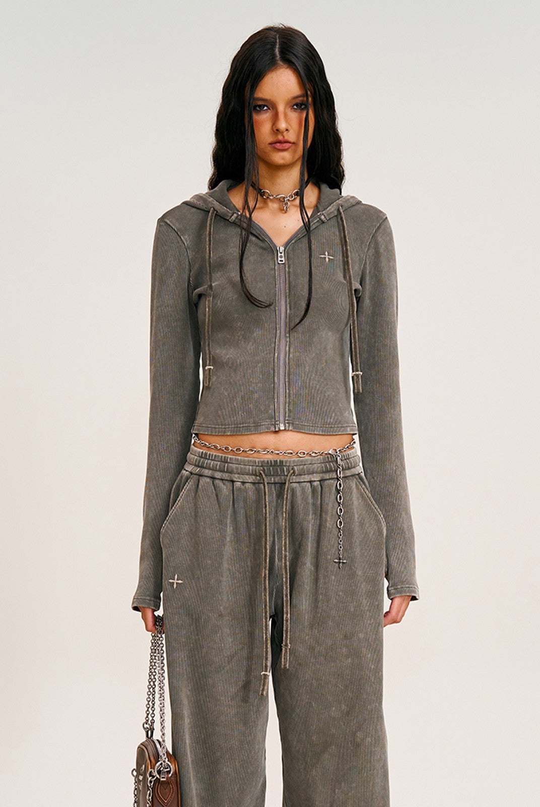 SMFK Washed Ribbed Zip Up Hoodie in Gray - On Female Model