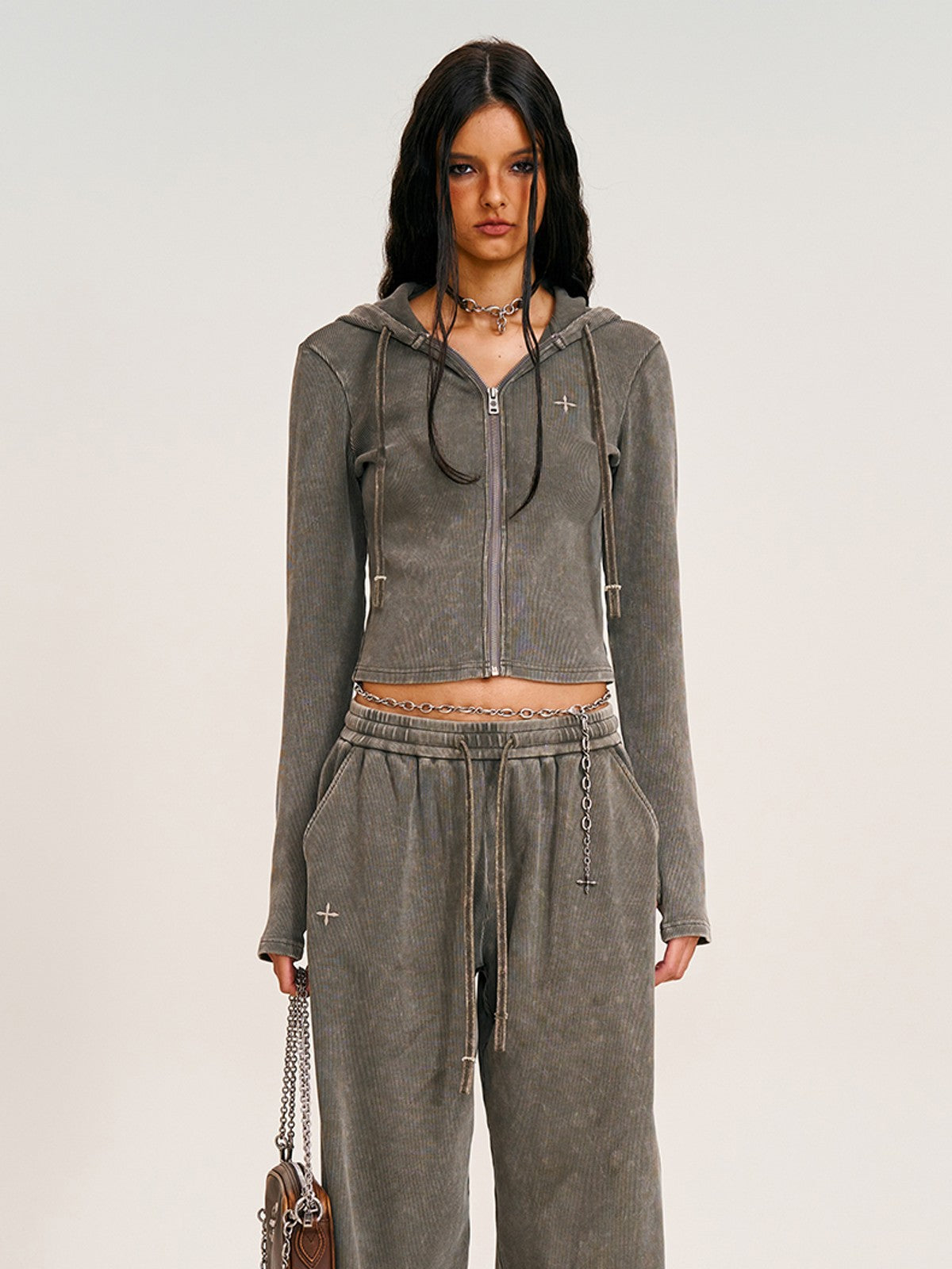 SMFK Washed Ribbed Zip Up Hoodie in Gray - On Female Model