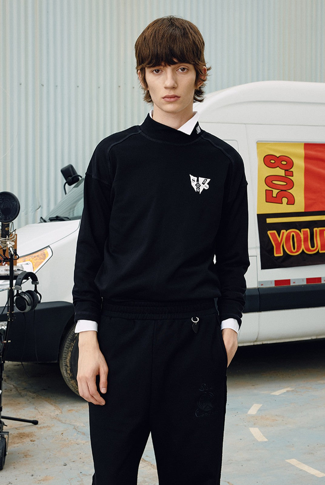 SOD Embroidered Mock Neck Top in Black - On Male Model
