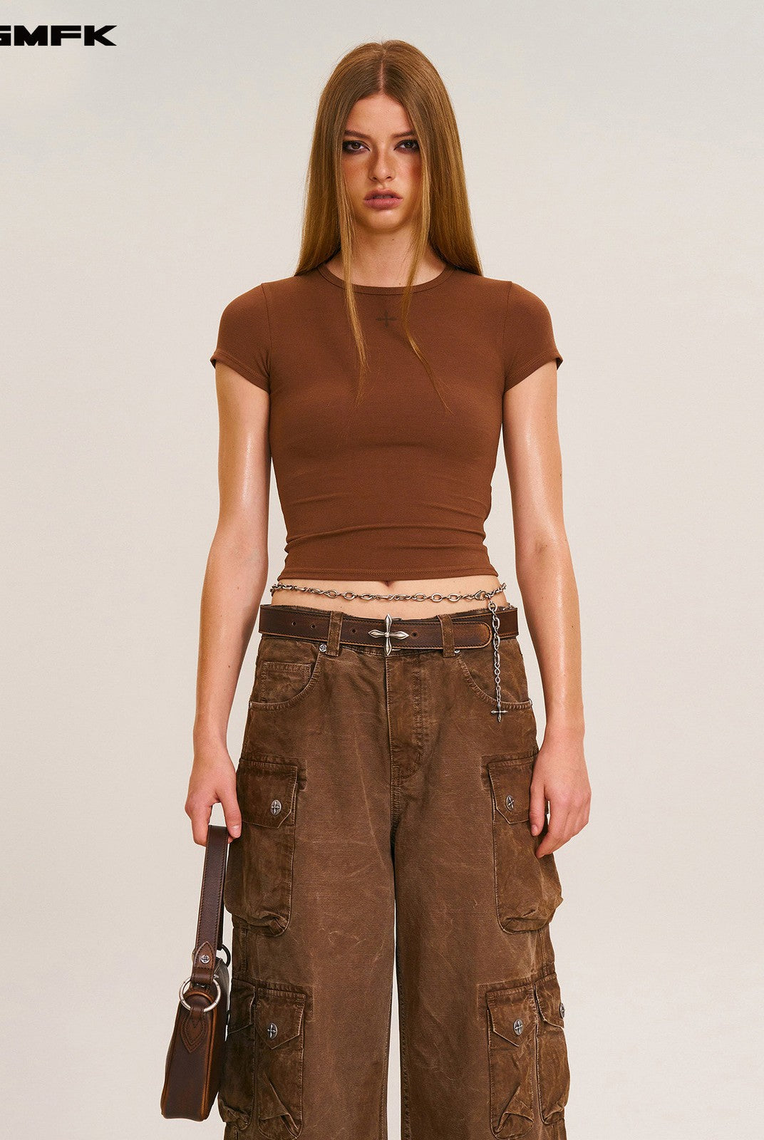 SMFK Short Sleeve Cropped T Shirt in Brown - On Female Model