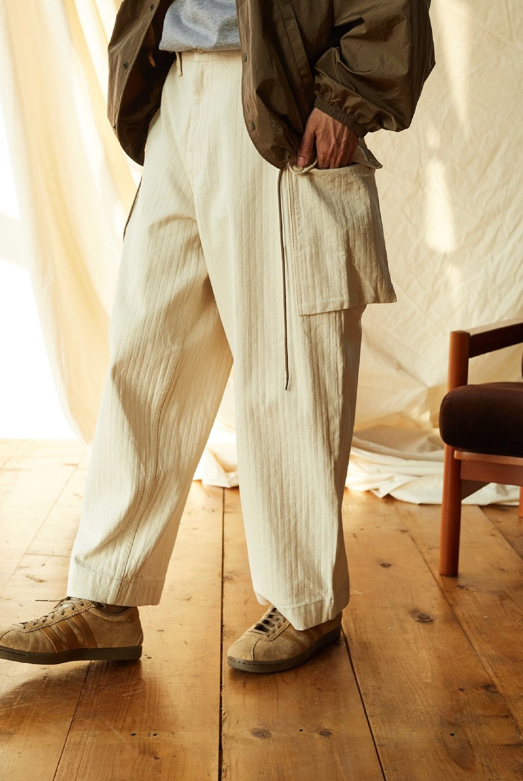 USAGE Heavyweight Herringbone Cargo Pants in White - On Model