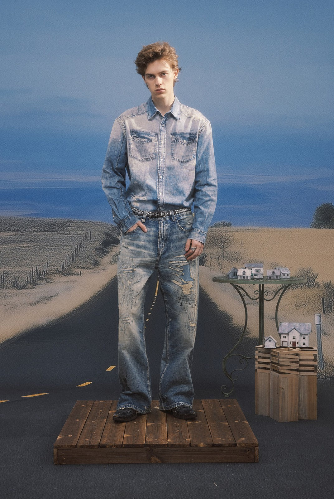 SOD Distressed Ink Splatter Denim Shirt in Blue - On Male Model