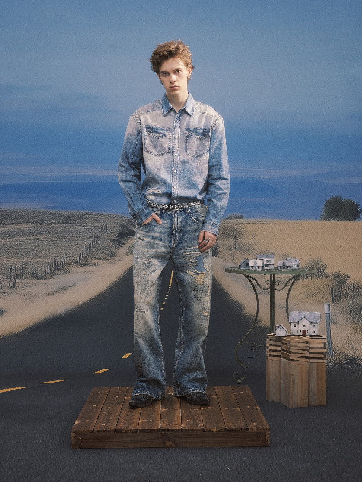 SOD Distressed Ink Splatter Denim Shirt in Blue - On Male Model