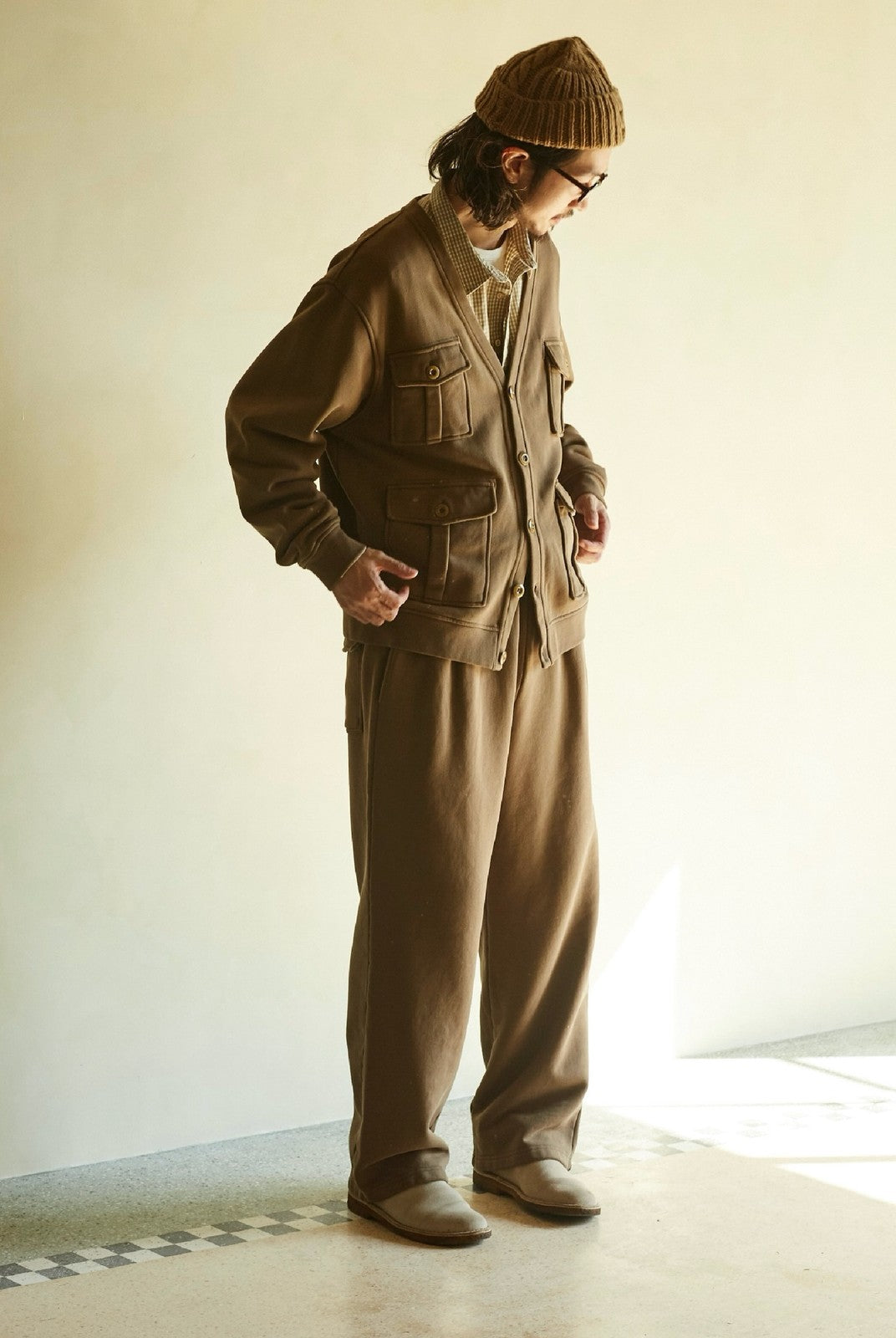 USAGE Cotton Safari Pocket Cardigan Sweatshirt in Beige - On Male Model