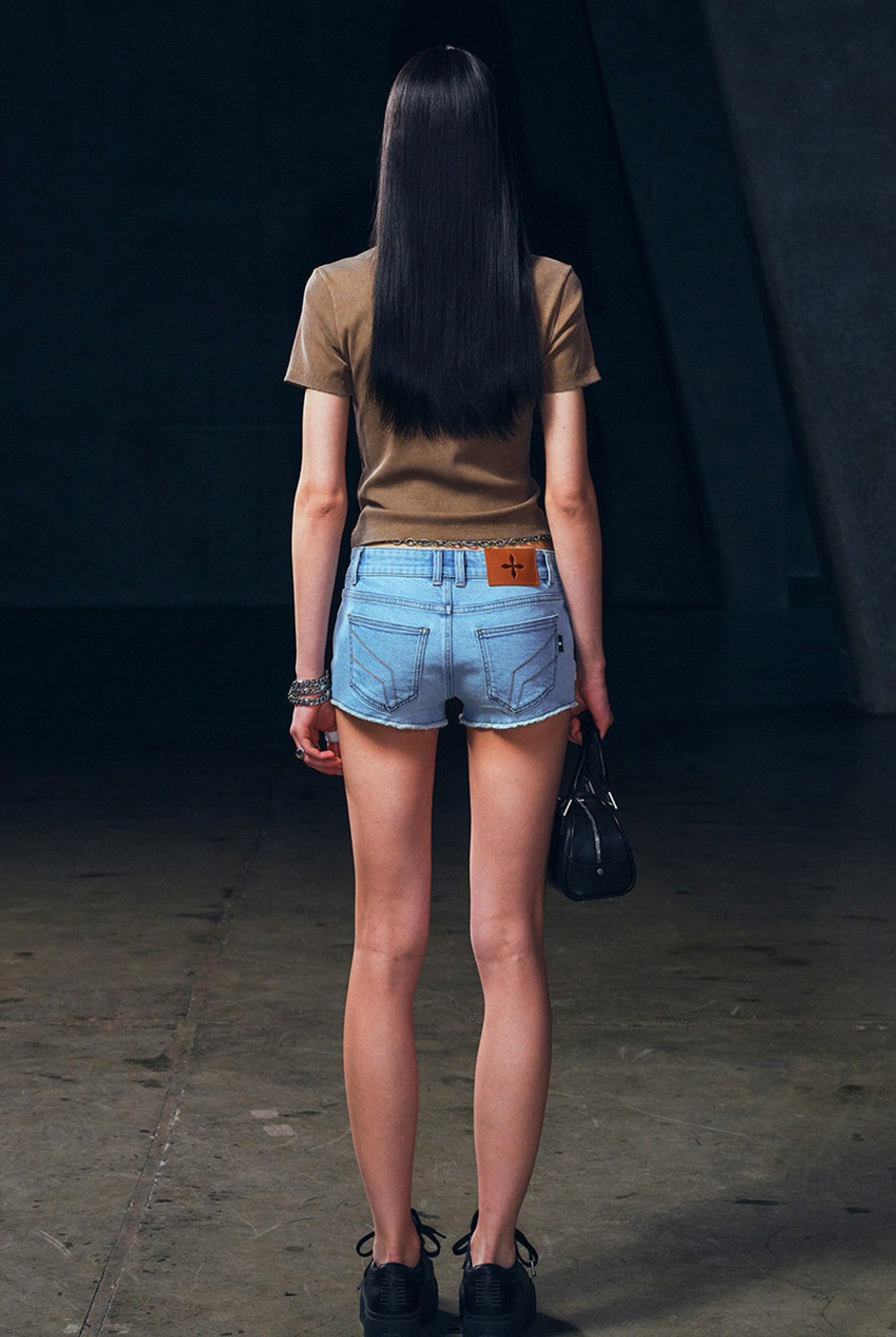 SMFK Silk Blend Short Sleeve Crop Top in Brown - On Female Model