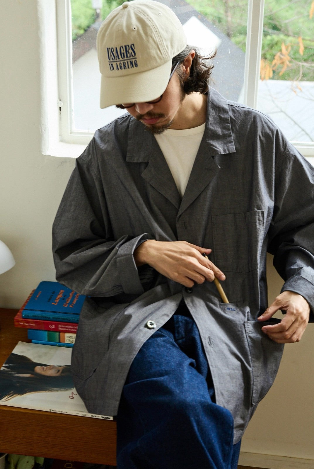 USAGE Cotton Workwear Shirt Jacket in Gray - On Male Model