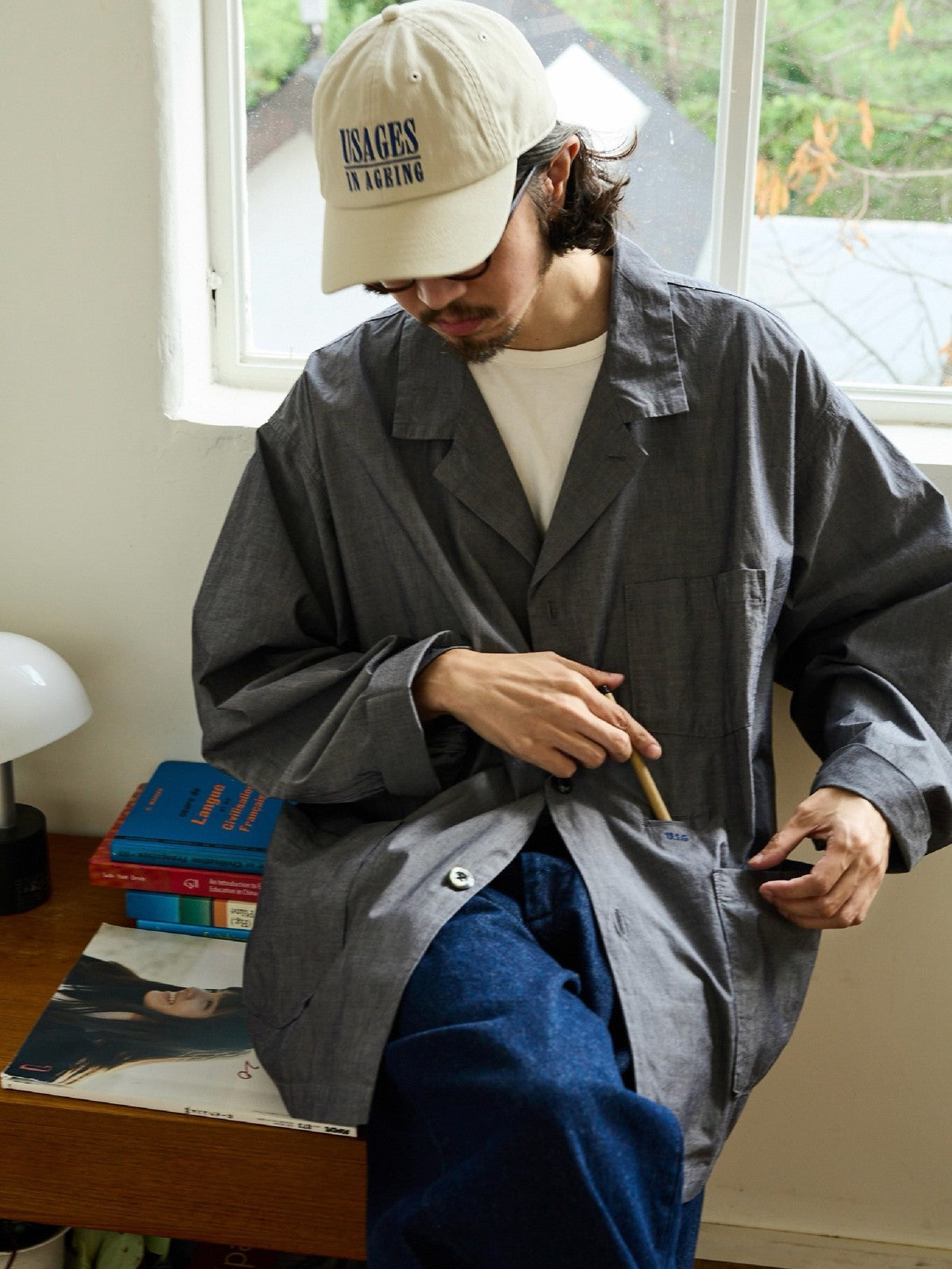 USAGE Cotton Workwear Shirt Jacket in Gray - On Male Model