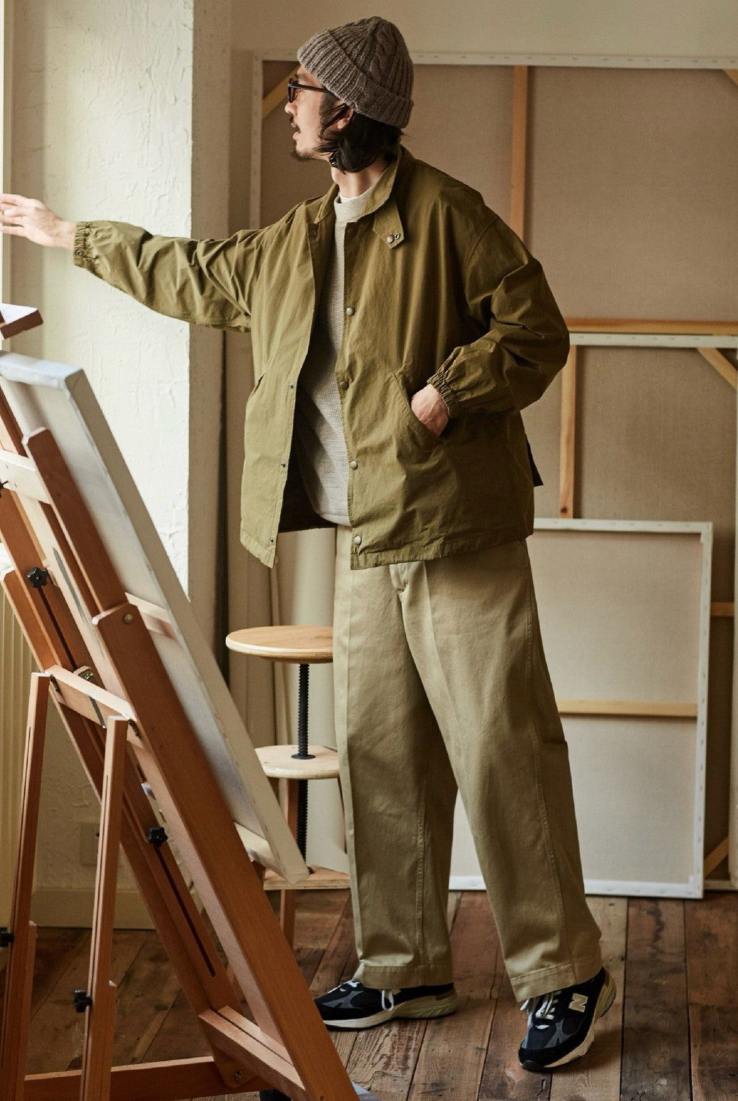 USAGE Heavyweight Cotton Twill Chinos in Khaki - On Male Model