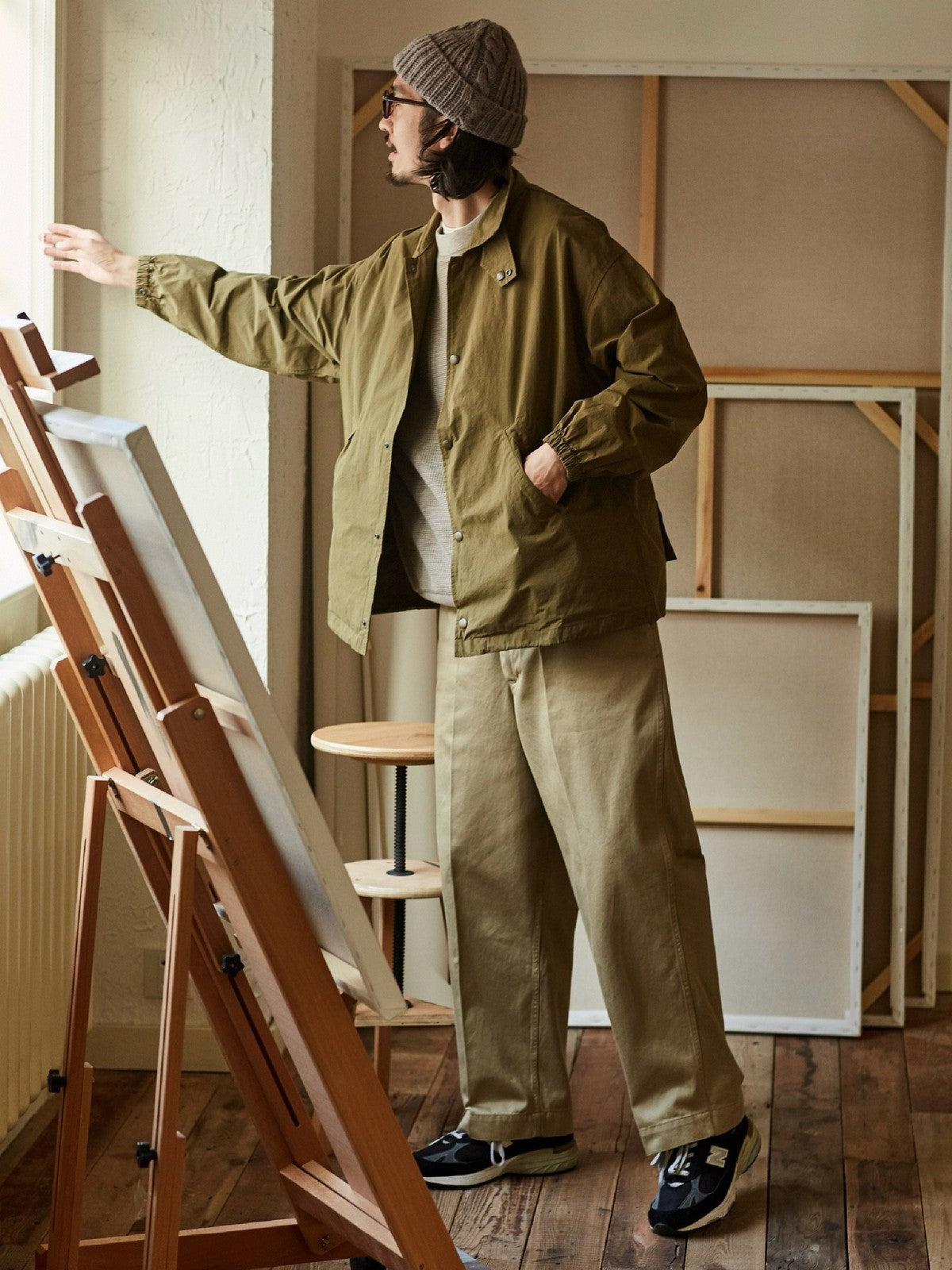 USAGE Heavyweight Cotton Twill Chinos in Khaki - On Male Model