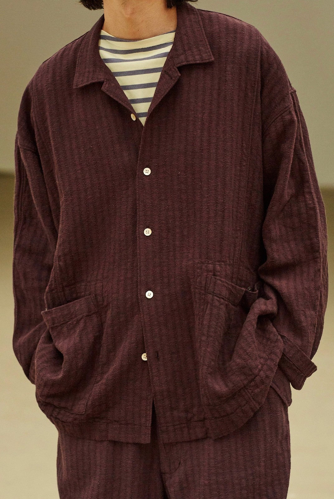 USAGE Textured Cotton Ramie Work Shirt in Purple - On Male Model
