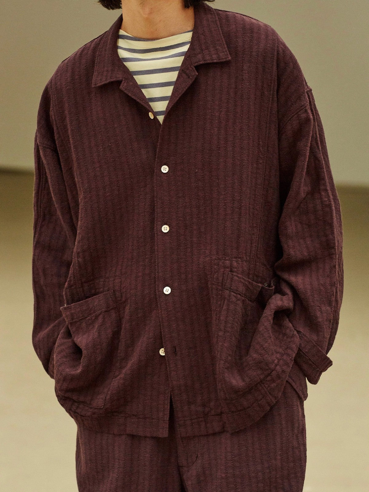 USAGE Textured Cotton Ramie Work Shirt in Purple - On Male Model