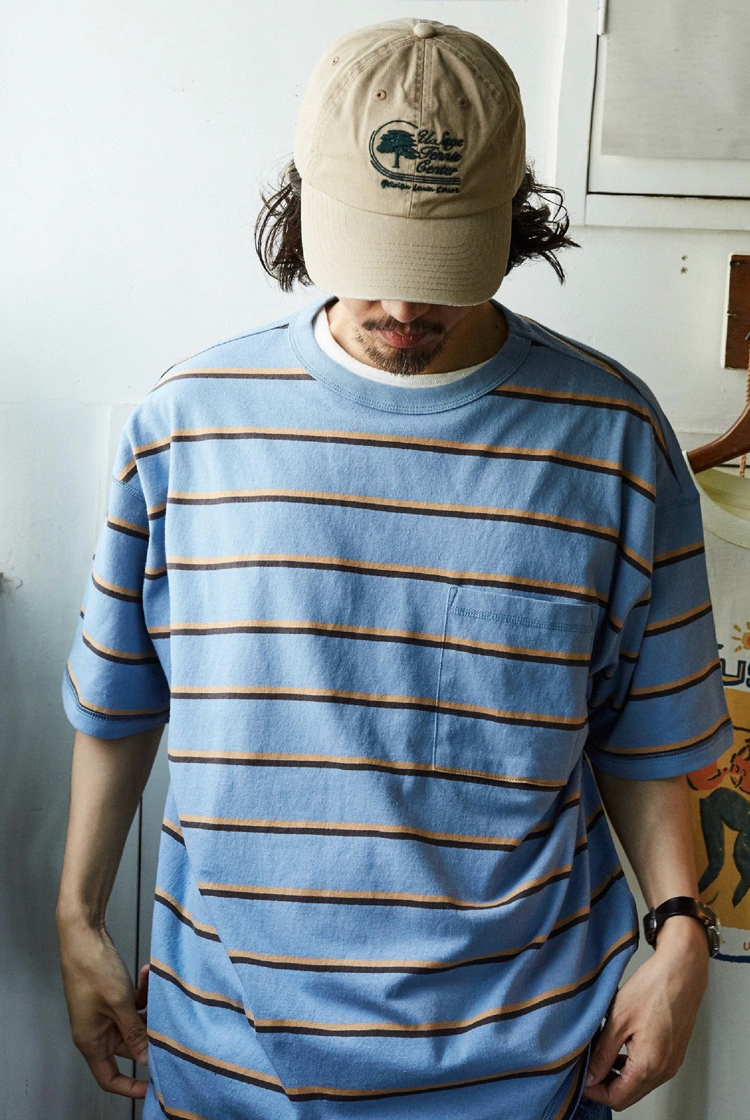 USAGE Retro Striped Cotton T Shirt in Blue - On Male Model