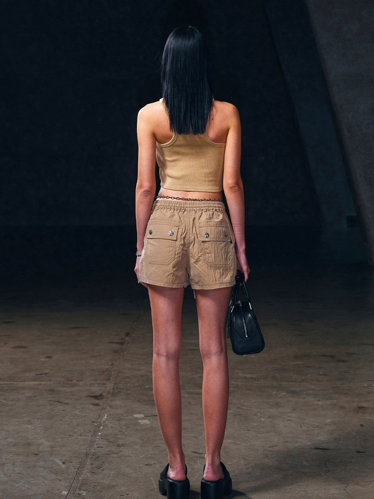 SMFK Lightweight Drawstring Track Shorts in Beige - On Female Model