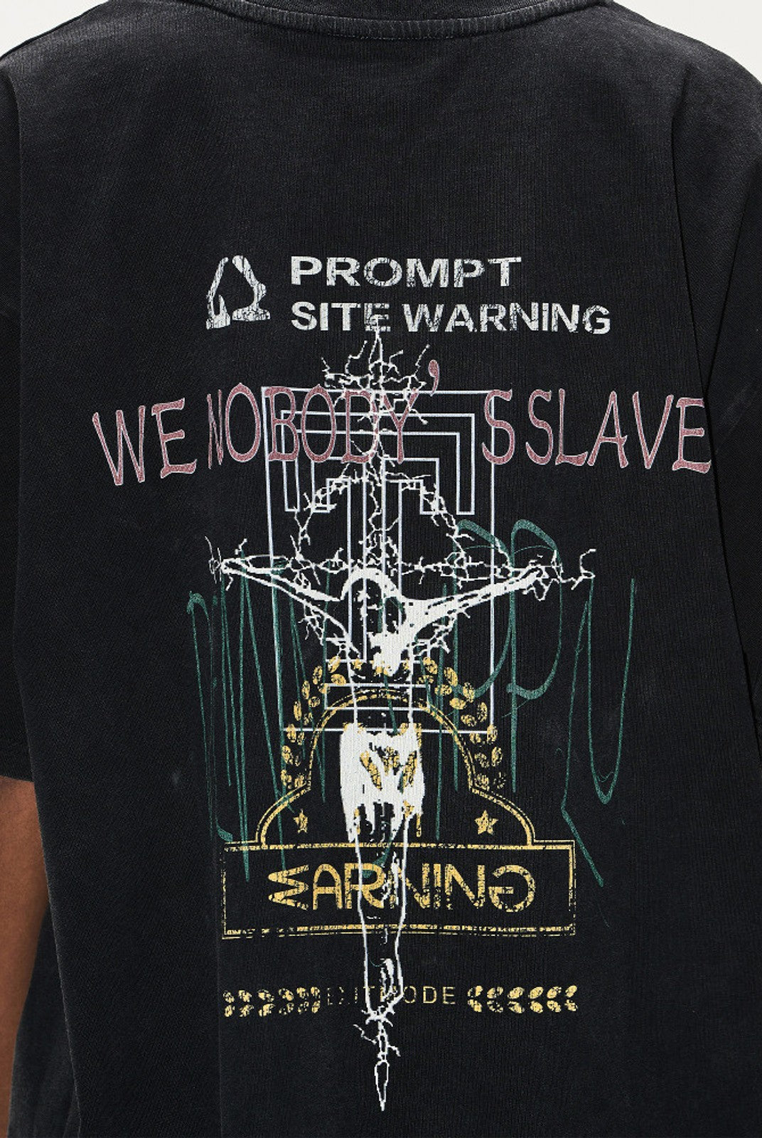BLINDNOPLAN Distressed Overlapping Graphic T Shirt in Black - On Model