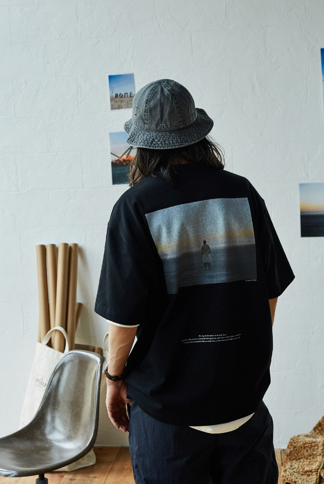 USAGE Vintage Photo Print Cotton T Shirt in Black - On Model
