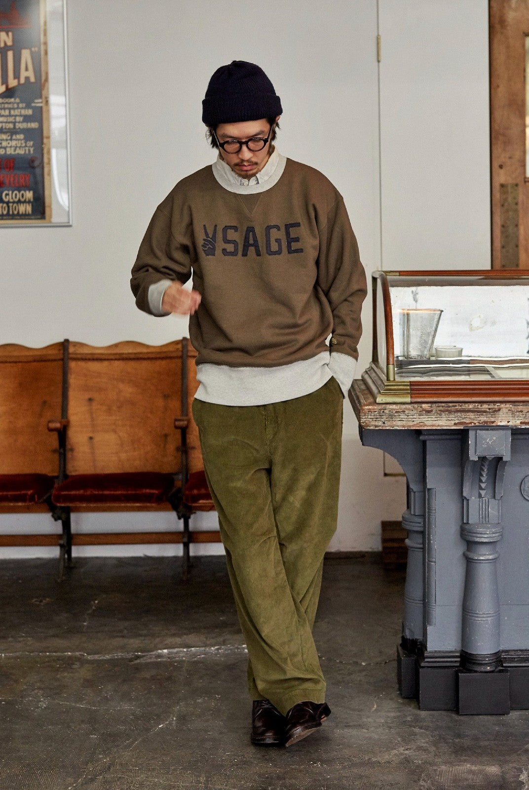 USAGE Graphic Two Tone Cotton Sweatshirt in Brown - On Male Model