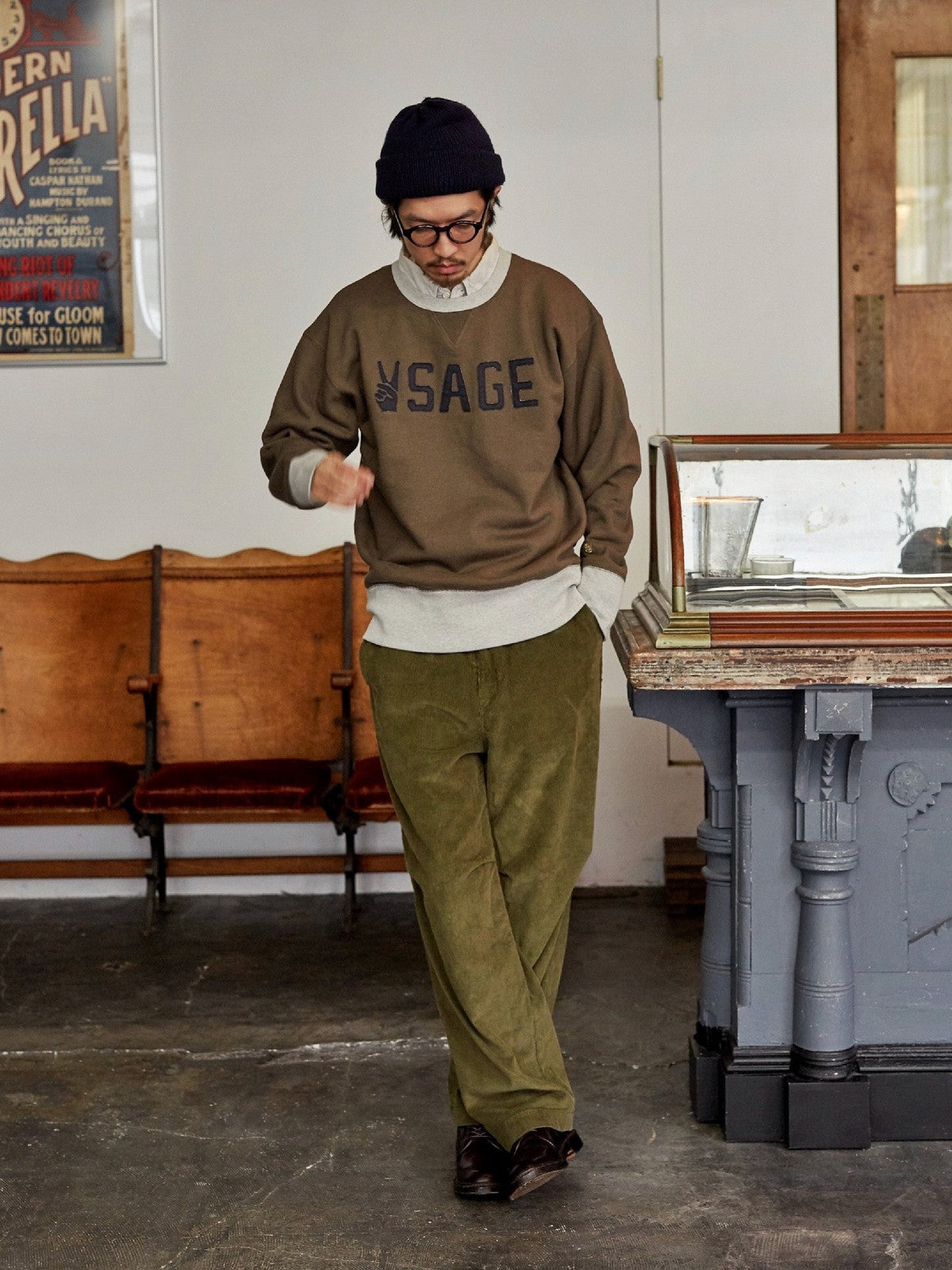 USAGE Graphic Two Tone Cotton Sweatshirt in Brown - On Male Model