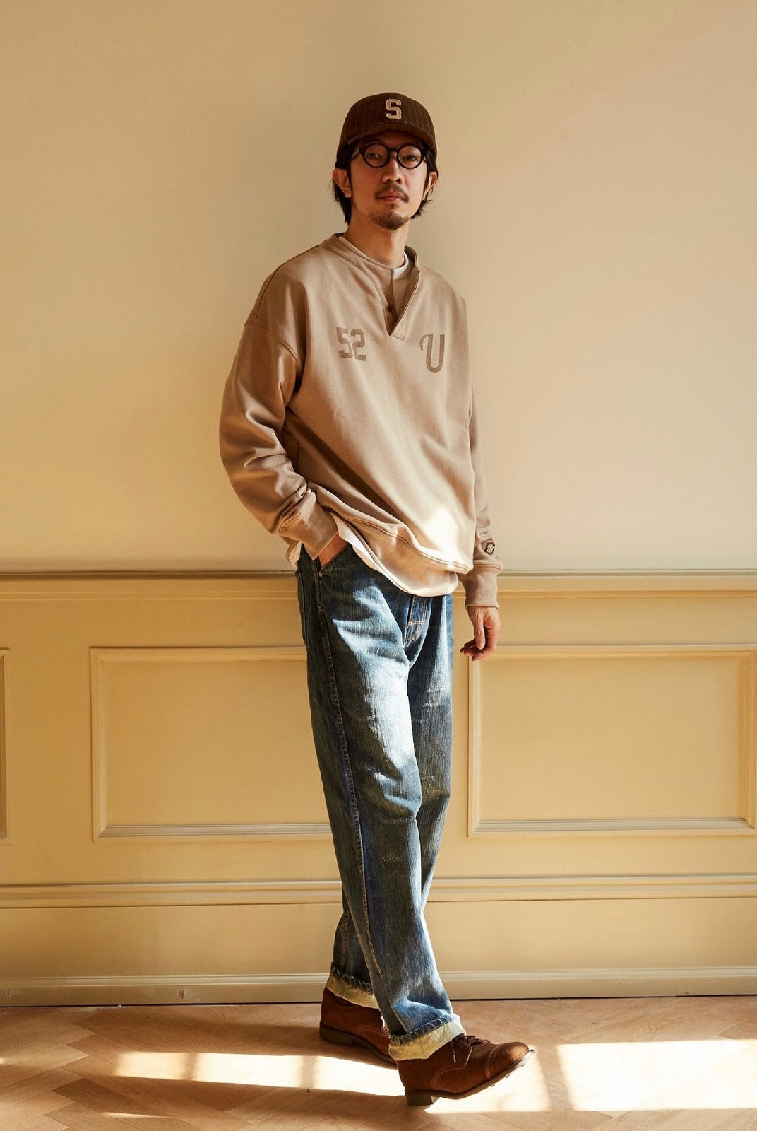 USAGE Terry Cotton Henley Sweatshirt in Beige - On Male Model