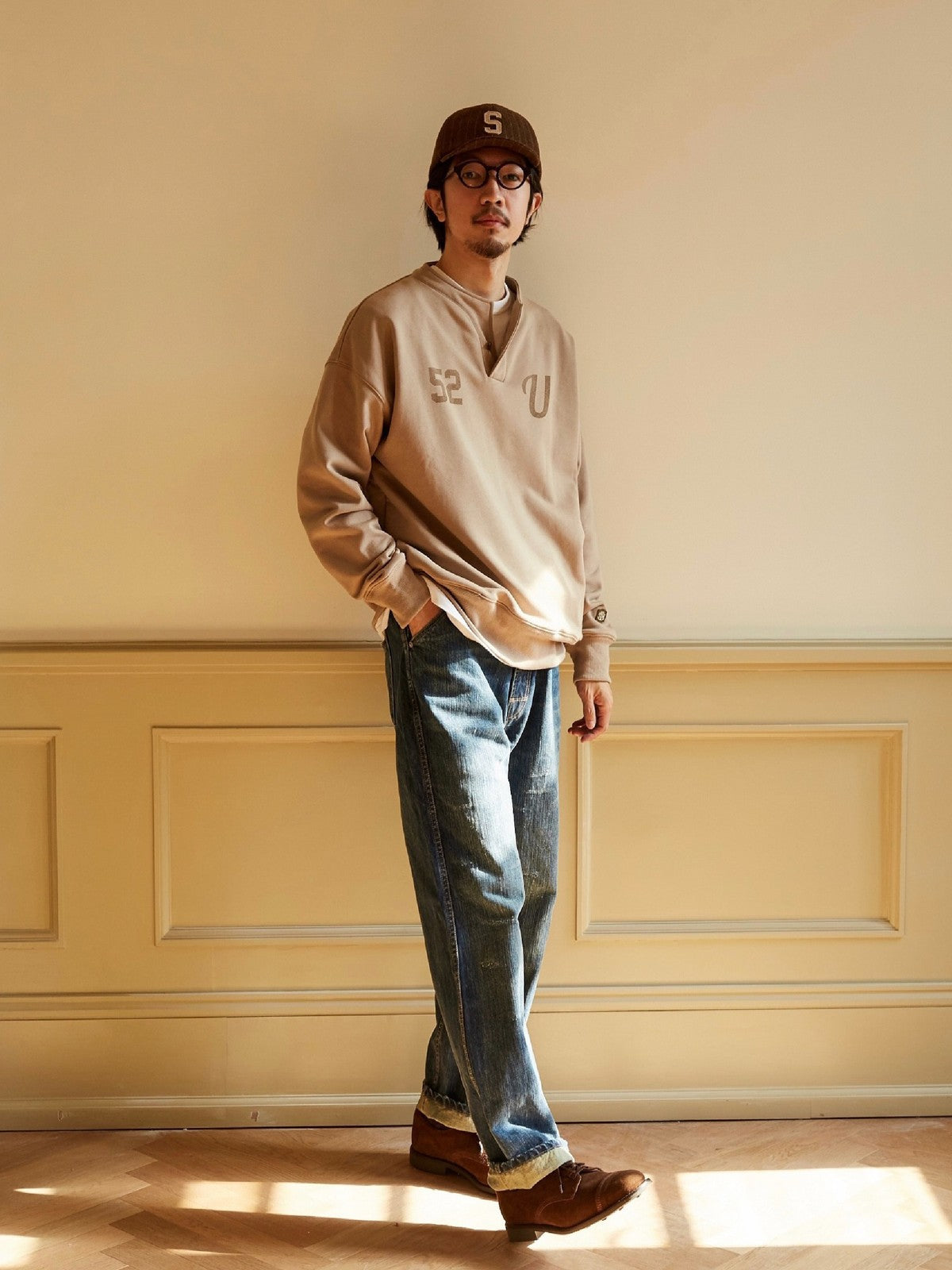 USAGE Terry Cotton Henley Sweatshirt in Beige - On Male Model