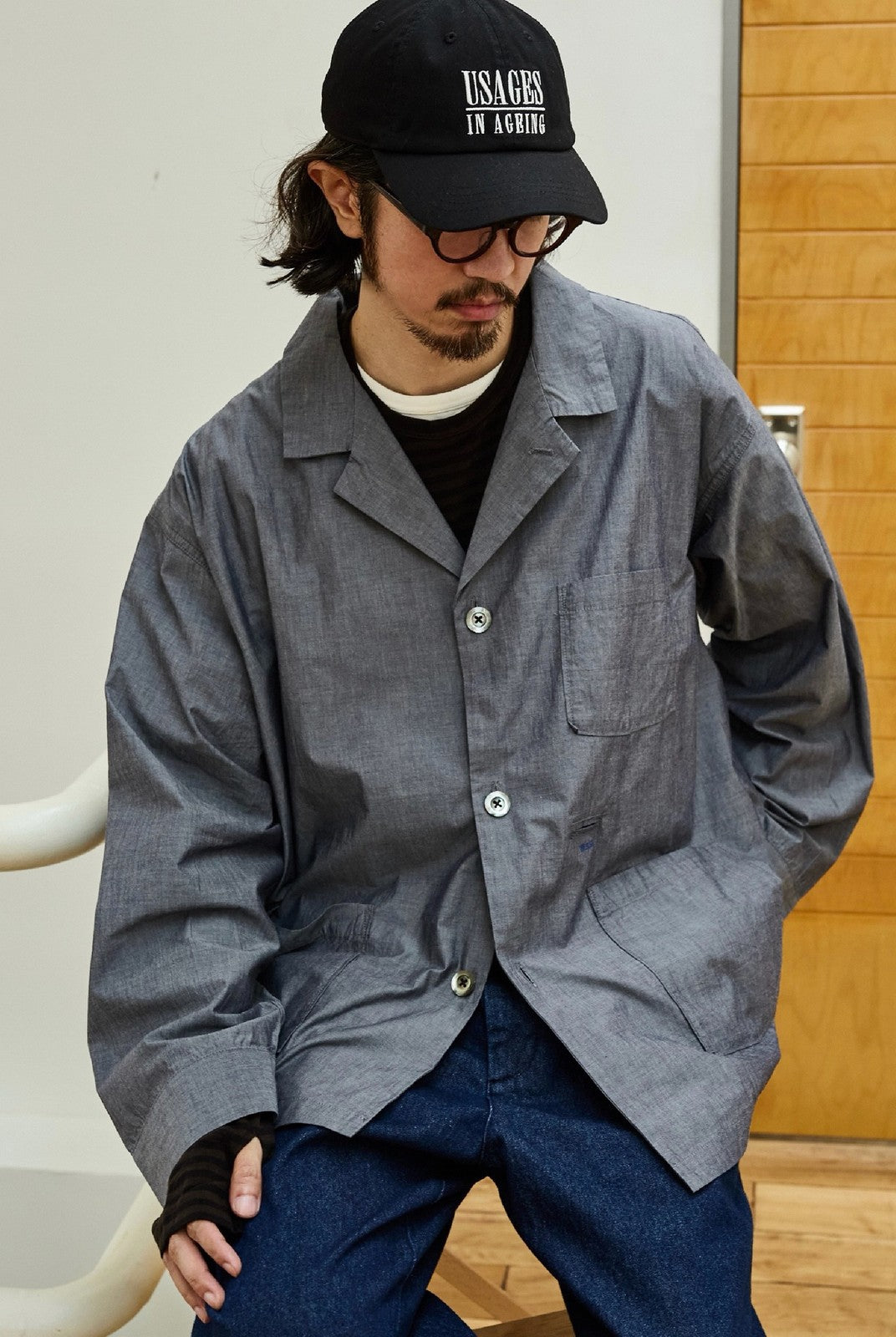 USAGE Cotton Workwear Shirt Jacket in Gray - On Male Model