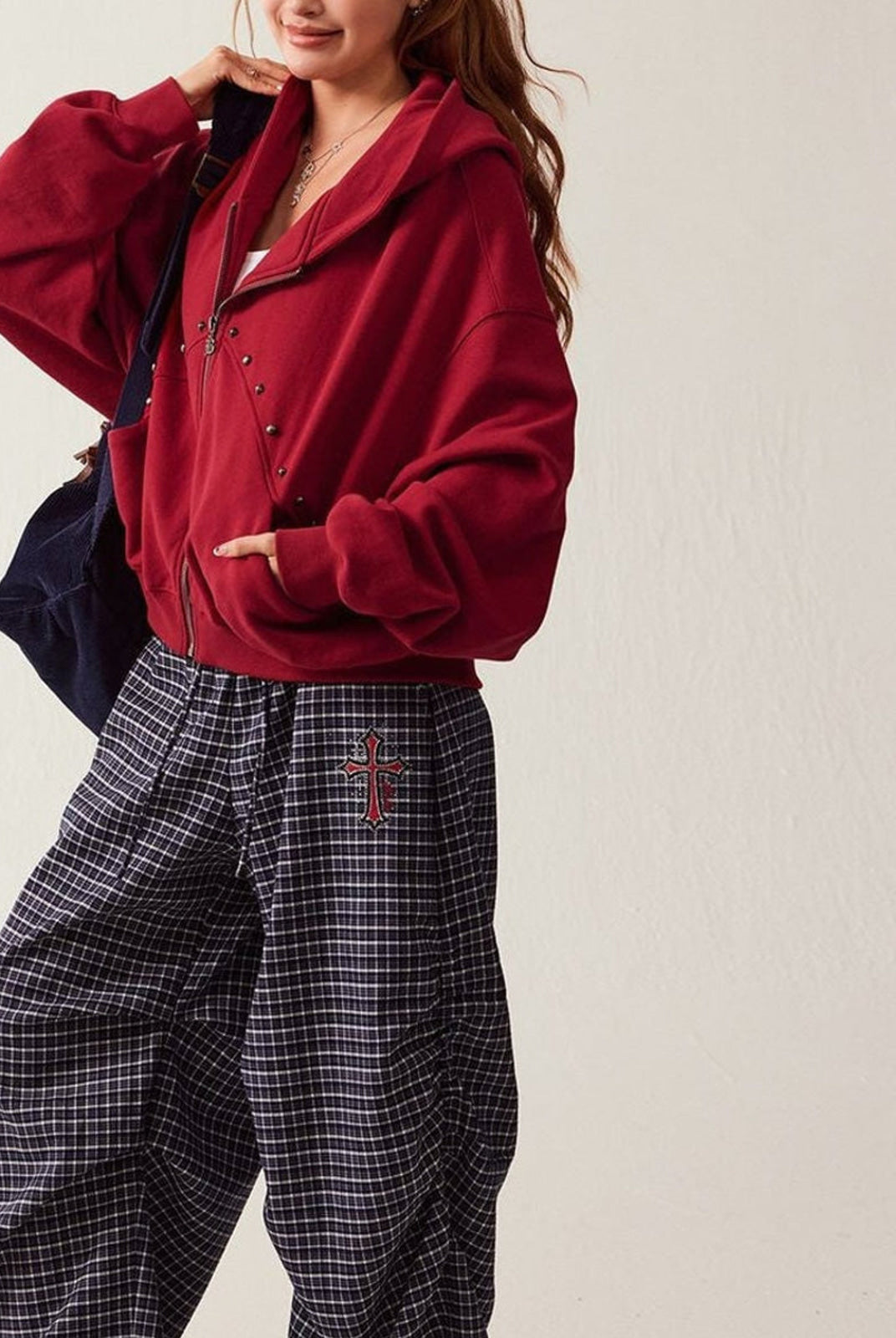 BeerBro Studded Zip Up Cropped Hoodie in Red - On Female Model
