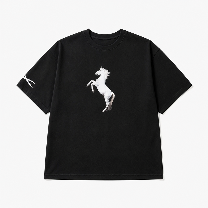 Mingstreet ASC launch still-life | SMFK | Heavyweight Cotton Horse Print T Shirt | Black | crumple_regen_confirmed_2026-06-25