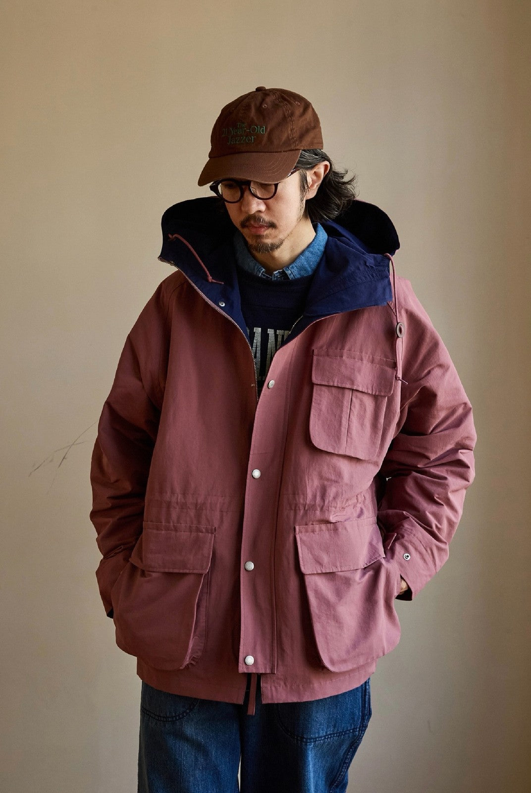 USAGE Cotton Nylon Hooded Mountain Parka in Pink - On Male Model