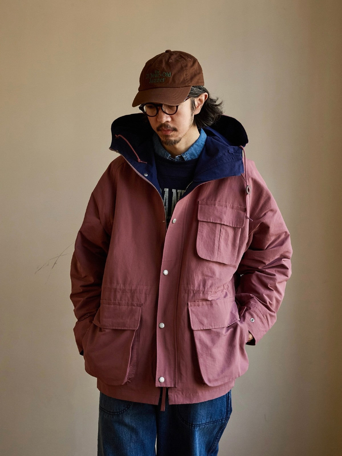 USAGE Cotton Nylon Hooded Mountain Parka in Pink - On Male Model