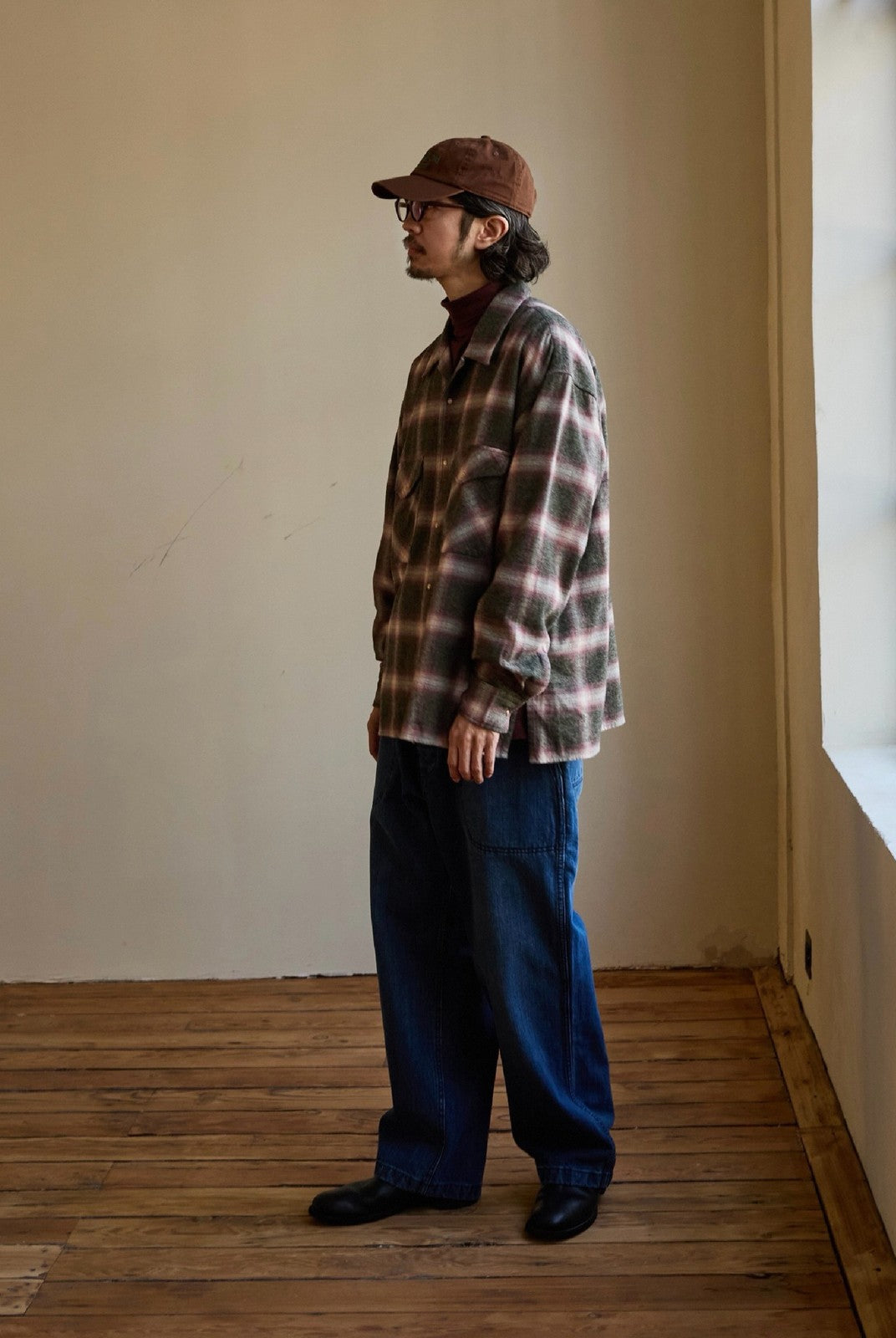 USAGE Brushed Plaid Western Shirt in Olive - On Male Model