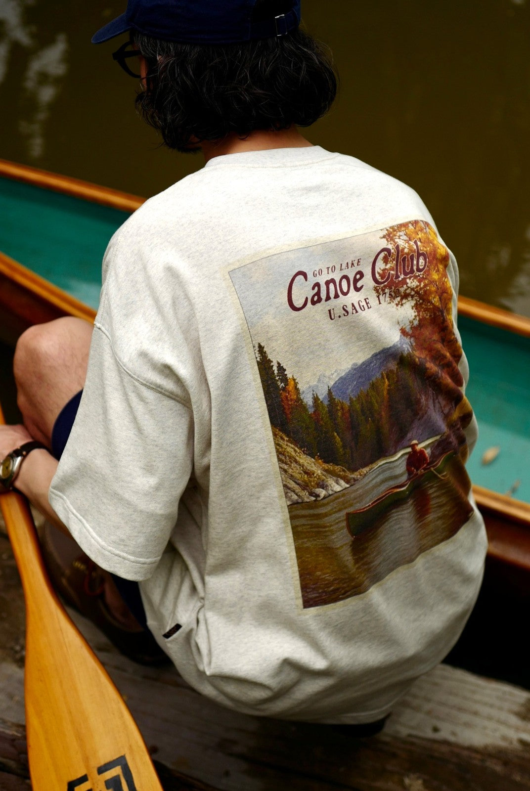 USAGE Canoe Club Graphic Cotton T Shirt in Beige - On Model